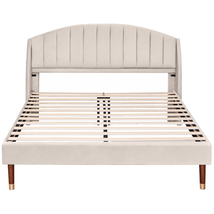 Double Velvet Fabric Upholstered Bed with Slatted Frame and Headboard