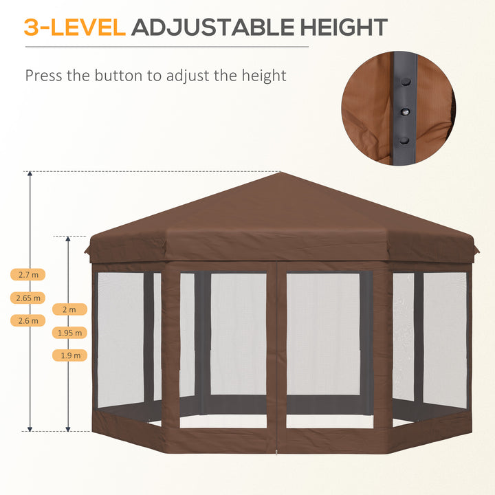 3x3.5m Hexagonal Pop Up Gazebo Party Canopy Height Adjustable Tent Sun Shelter w/ Mosquito Netting Zipped Door