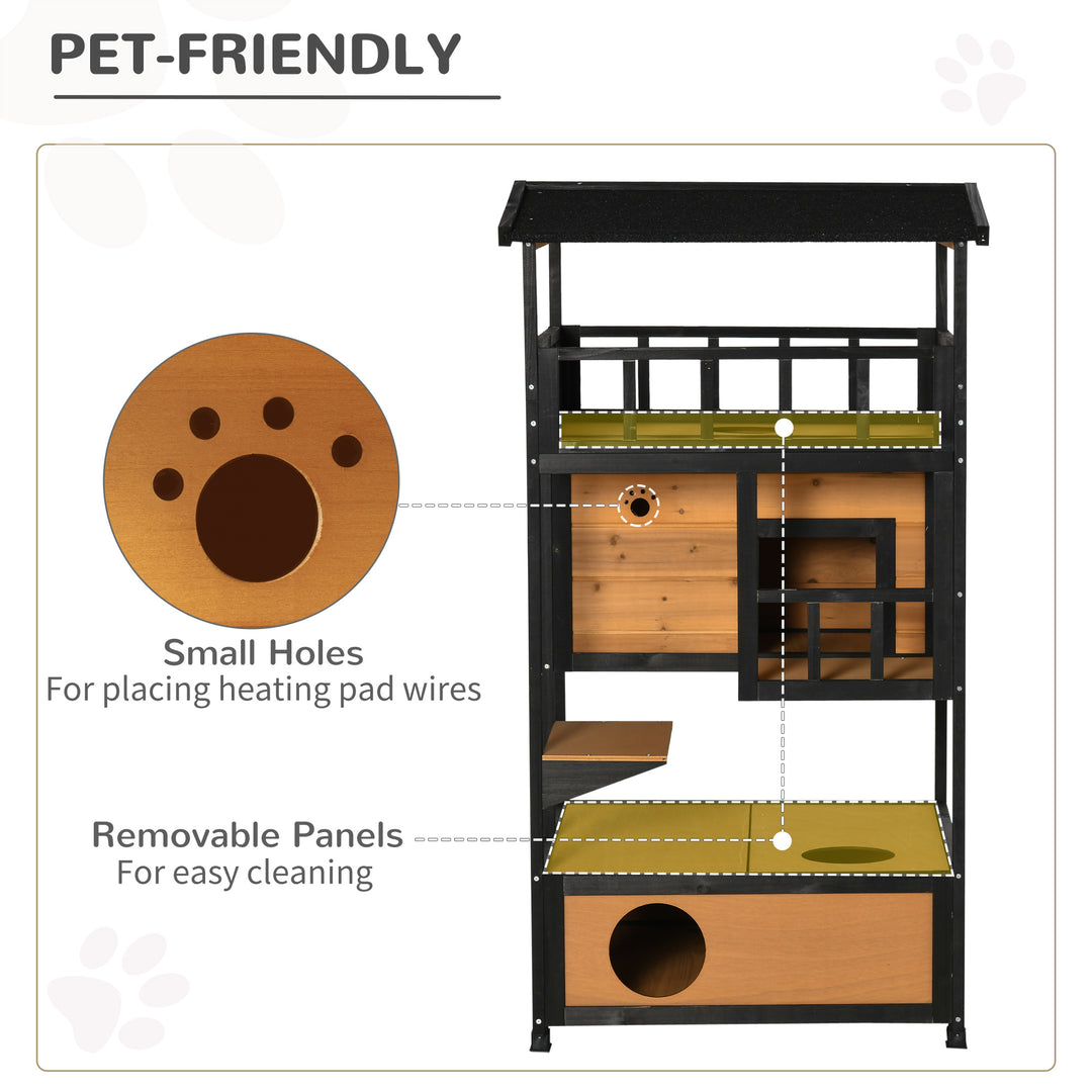 Wooden Cat House 3-Tier for Winter Kitten Shelter Lodge w/ Tilted Roof Terrace Jump Step Bottom Tray Elevated Base