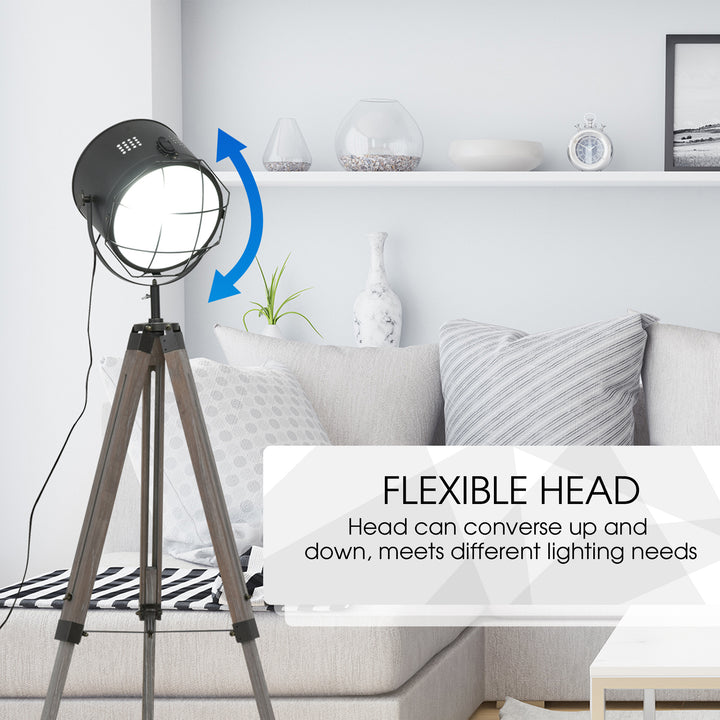 Tripod Floor Lamp: Industrial Vintage Spotlight with Wooden Legs for Living Room & Bedroom