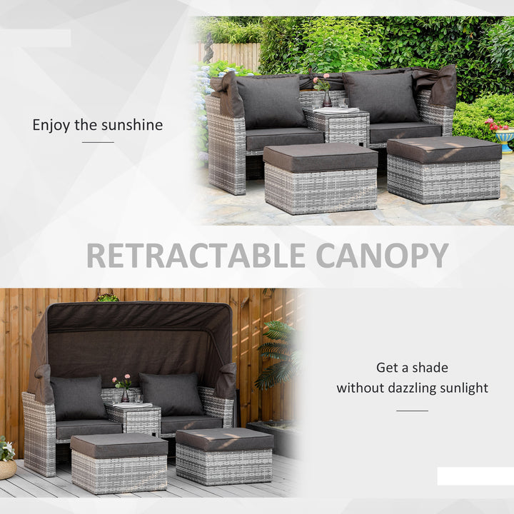 3 Pieces Outdoor PE Rattan Patio Furniture Set Daybed 2-Seater Sofa Footstool Tempered Glass Coffee Table Conversation Set