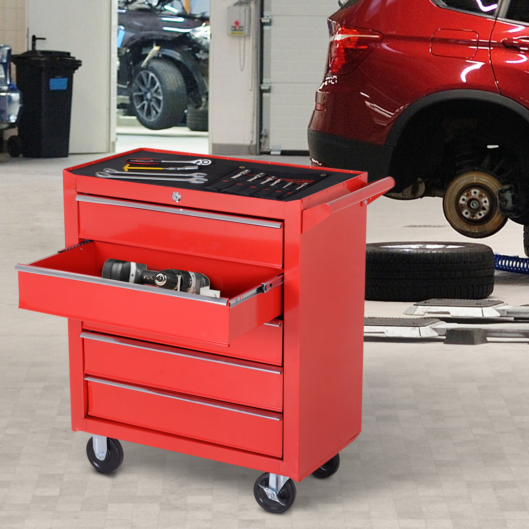 5 Drawer Roller Tool Cabinet Storage Box Workshop Chest Garage Wheeling Trolley w/ Handle - Red