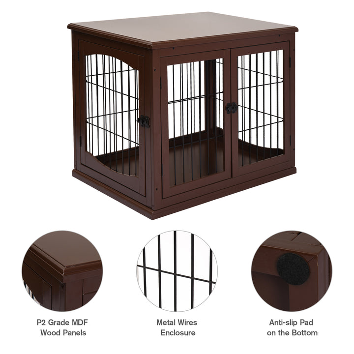 66cm Modern Indoor Pet Cage w/ Metal Wire 3 Doors Latches Base Small Animal House Tabletop Crate Decorative Stylish Brown