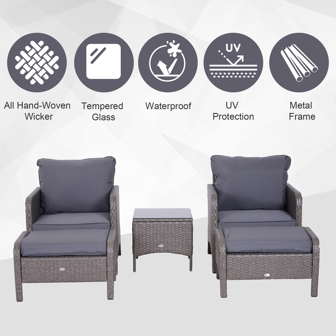 Waterproof 2 Seater Rattan Garden Furniture Set Wicker Weave Sofa Chair with Footstool and Coffee Table Thick Cushions Dark Grey