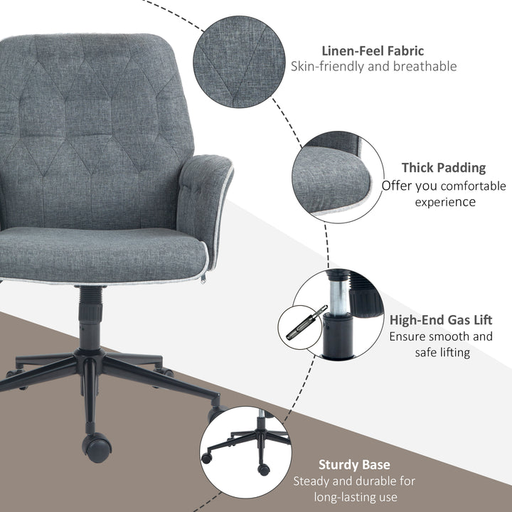 HOMCOM Modern Linen Swivel Office Chair with Armrest, Adjustable Height, Dark Grey