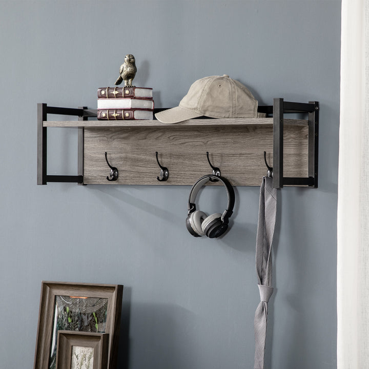 Coat Rack Wall-Mounted with 4 Coat Hooks and Open Storage Shelf