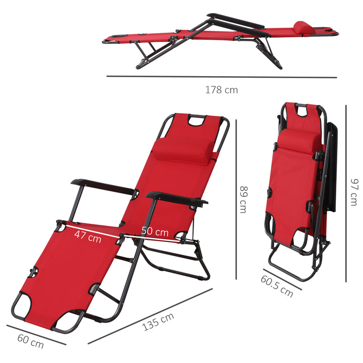 2 in 1 Sun Lounger Folding Reclining Chair Garden Outdoor Camping Adjustable Back with Pillow (Red)