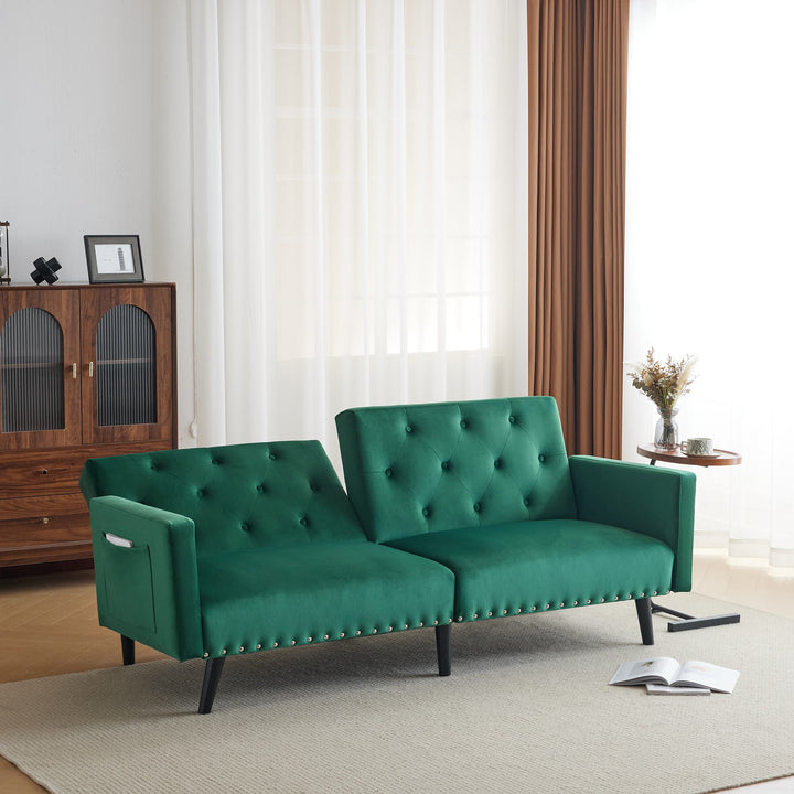 2-Seater Adjustable Velvet Sofa Bed with Storage Pockets