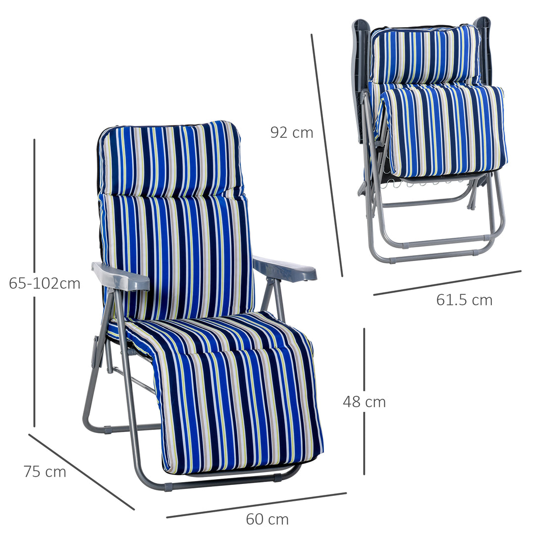 Set of 2 Garden Sun Lounger Outdoor Reclining Seat Cushioned Seat Foldable Adjustable Recliner Blue and White