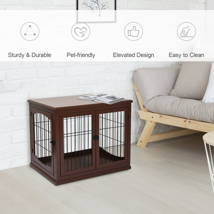 66cm Modern Indoor Pet Cage w/ Metal Wire 3 Doors Latches Base Small Animal House Tabletop Crate Decorative Stylish Brown