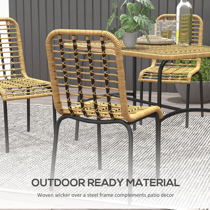 5 Pcs Rattan Outdoor Dining Set Patio Conservatory w/ Tempered Glass Tabletop Hollowed-out Design - Natural Wood Finish