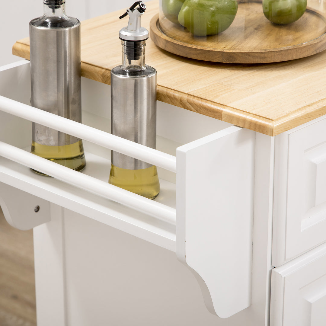 Kitchen Island with Storage Rolling Kitchen Serving Cart with Rubber Wood Top Towel Rack Storage Drawer Cabinet White