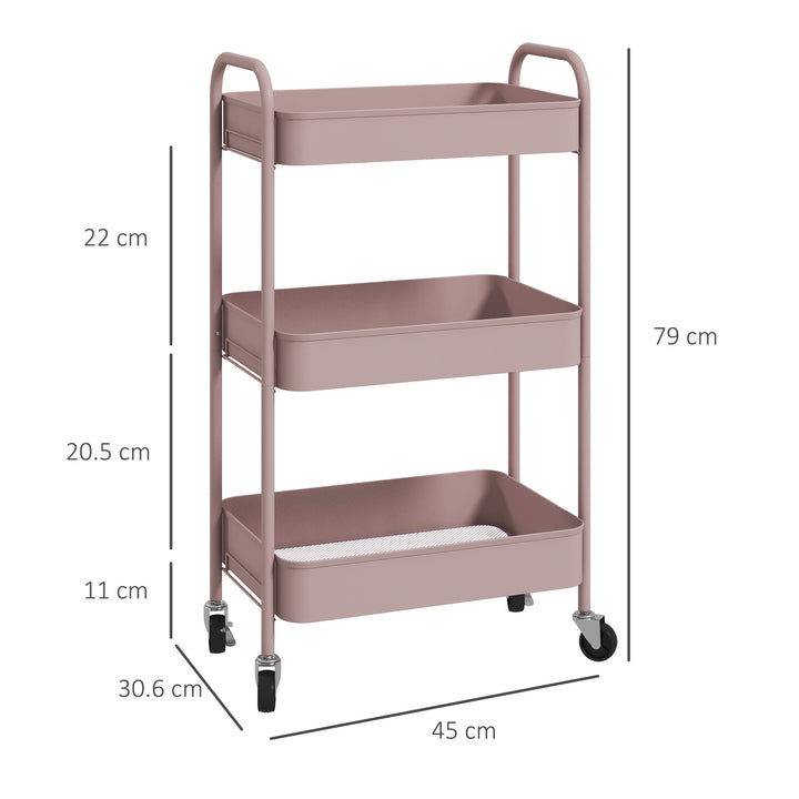 Three-Tier Steel Storage Trolley - Pink