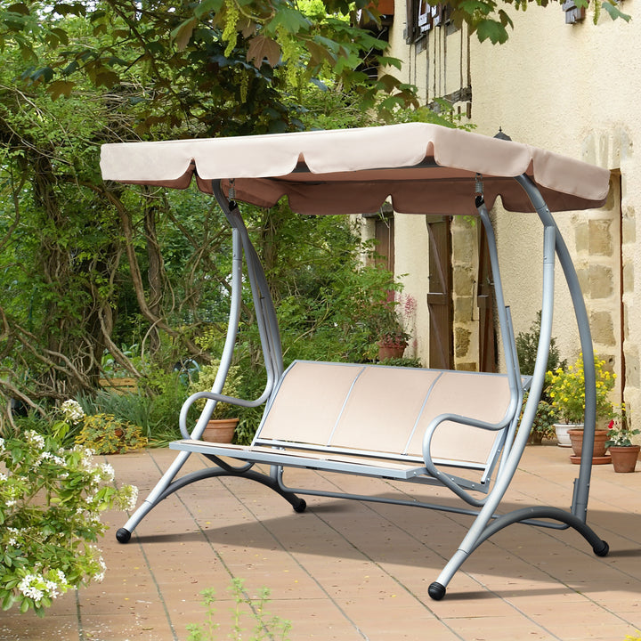 3 Seater Bench Steel Outdoor Patio Porch Swing Chair with Adjustable Canopy - Beige