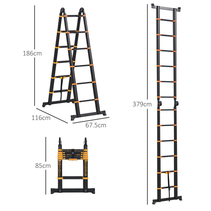 3.8M Duo Aluminium Ladder w/ Tool Holder Herringbone Deployed Extendable DIY w/ 12 Non-Slip Steps