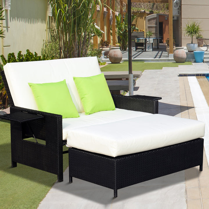 2 Seater Rattan Day Bed Assembled Garden Rattan Sun Lounger