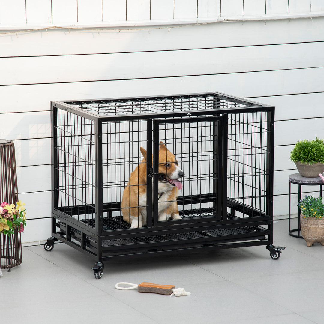 38" Heavy Duty Metal Dog Kennel Pet Cage with Crate Tray and Wheels - Black (Medium)