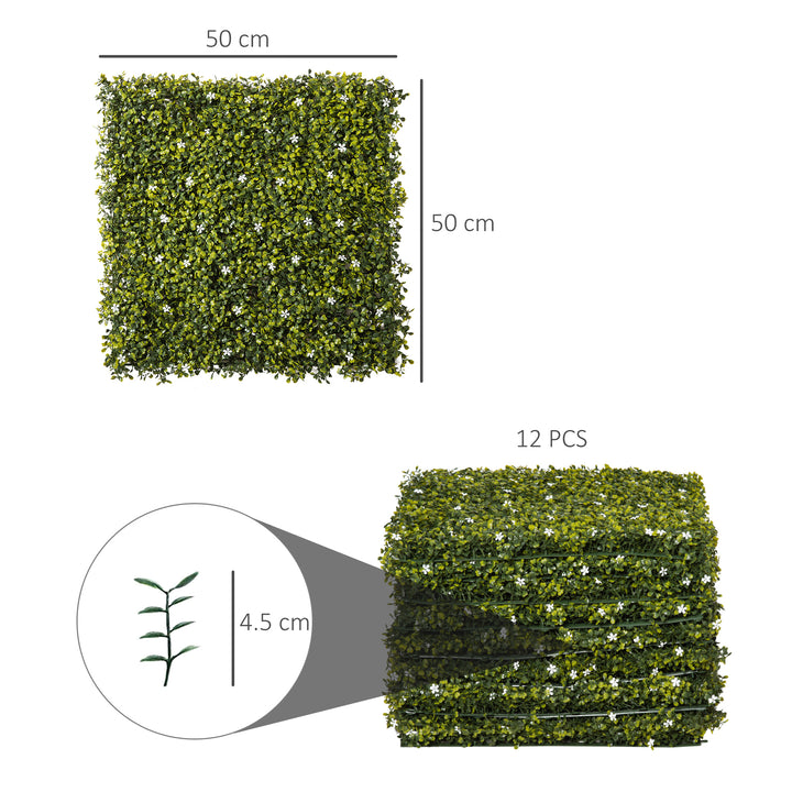 12PCS Artificial Boxwood Wall Panels 50cm x 50cm Grass Privacy Fence Screen Faux Hedge Greenery Backdrop Encrypted Milan Grass