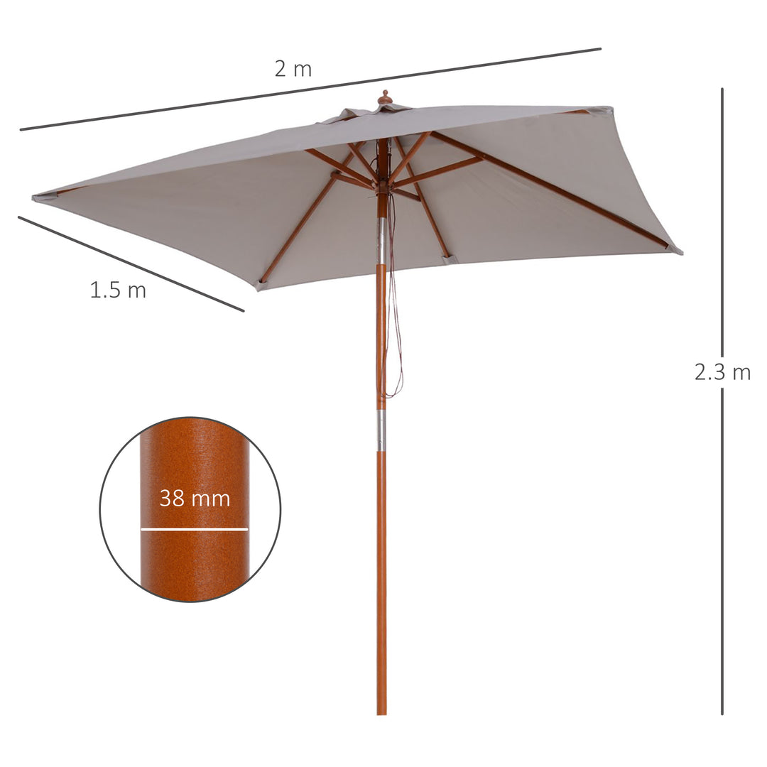 Waterproof 2m x 1.5m Patio Garden Parasol Sun Umbrella Sunshade Canopy Outdoor Furniture Fir Wooden Pole 6 Ribs Tilt Mechanism