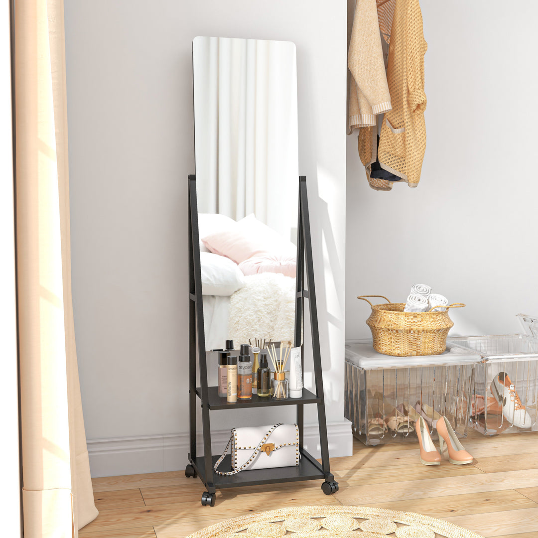 Rolling Full-Length Dressing Mirror on Wheels with Adjustable Angle & Storage Shelves for Bedroom