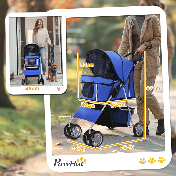 Dog Pushchair for Small Miniature Dogs Cats Foldable Travel Carriage with Wheels Zipper Entry Cup Holder Storage Basket Blue