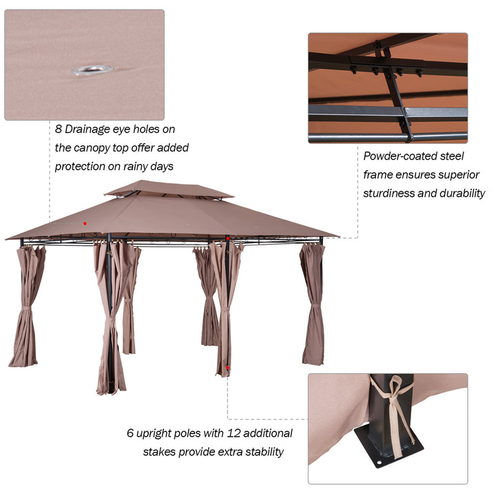 4m x 3(m) Metal Gazebo Canopy Party Tent Garden Pavillion Patio Shelter Pavilion with Curtains Sidewalls Brown