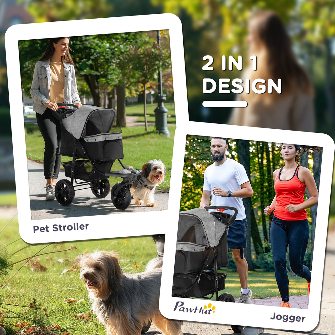 Dog Pushchair Folding Pet Stroller 3 Wheel Dog Jogger Travel Carrier Adjustable Canopy Storage Brake Mesh Window Grey