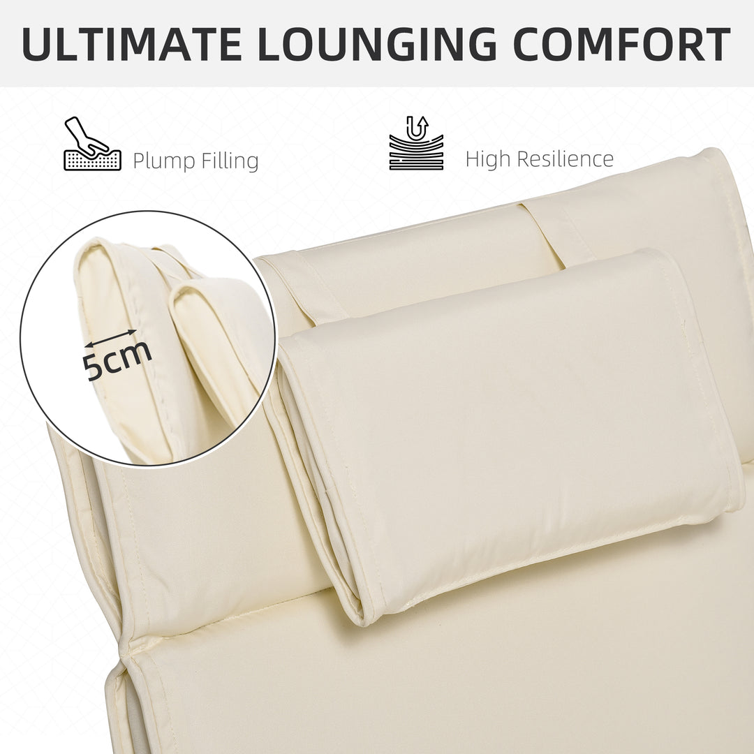 Garden Sun Lounger Cushion Replacement Thick Sunbed Reclining Chair Relaxer Pad with Pillow - Cream White