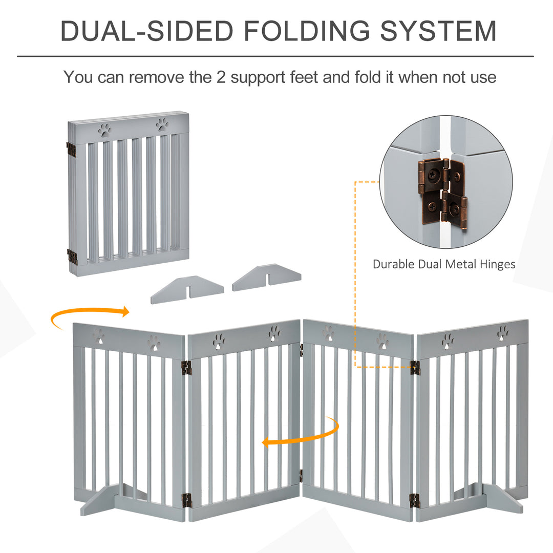 Pet Gate 4 Panel Wooden Dog Barrier Freestanding Folding Safety Fence with Support Feet up to 204cm Long 61cm Tall Light Grey