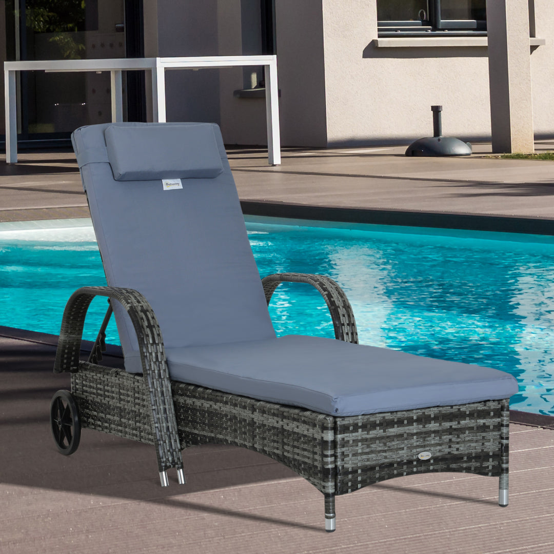 Garden Rattan Furniture Single Sun Lounger Recliner Bed Reclining Chair Patio Outdoor Wicker Weave Adjustable Headrest - Grey