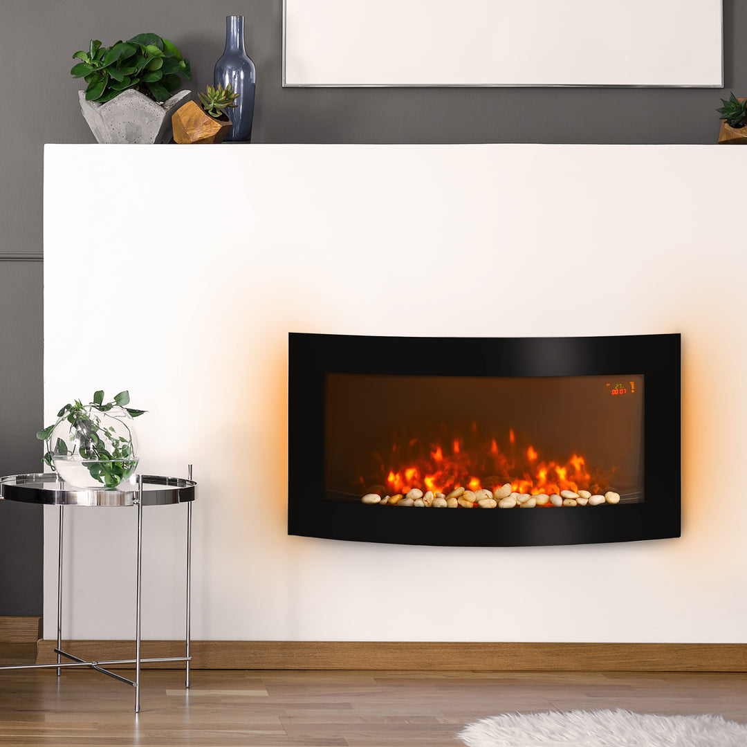 Led Wall Mounted Fireplace Curved Glass Electric Fire Place Fire Place 7 Colour Side Lights Slimline