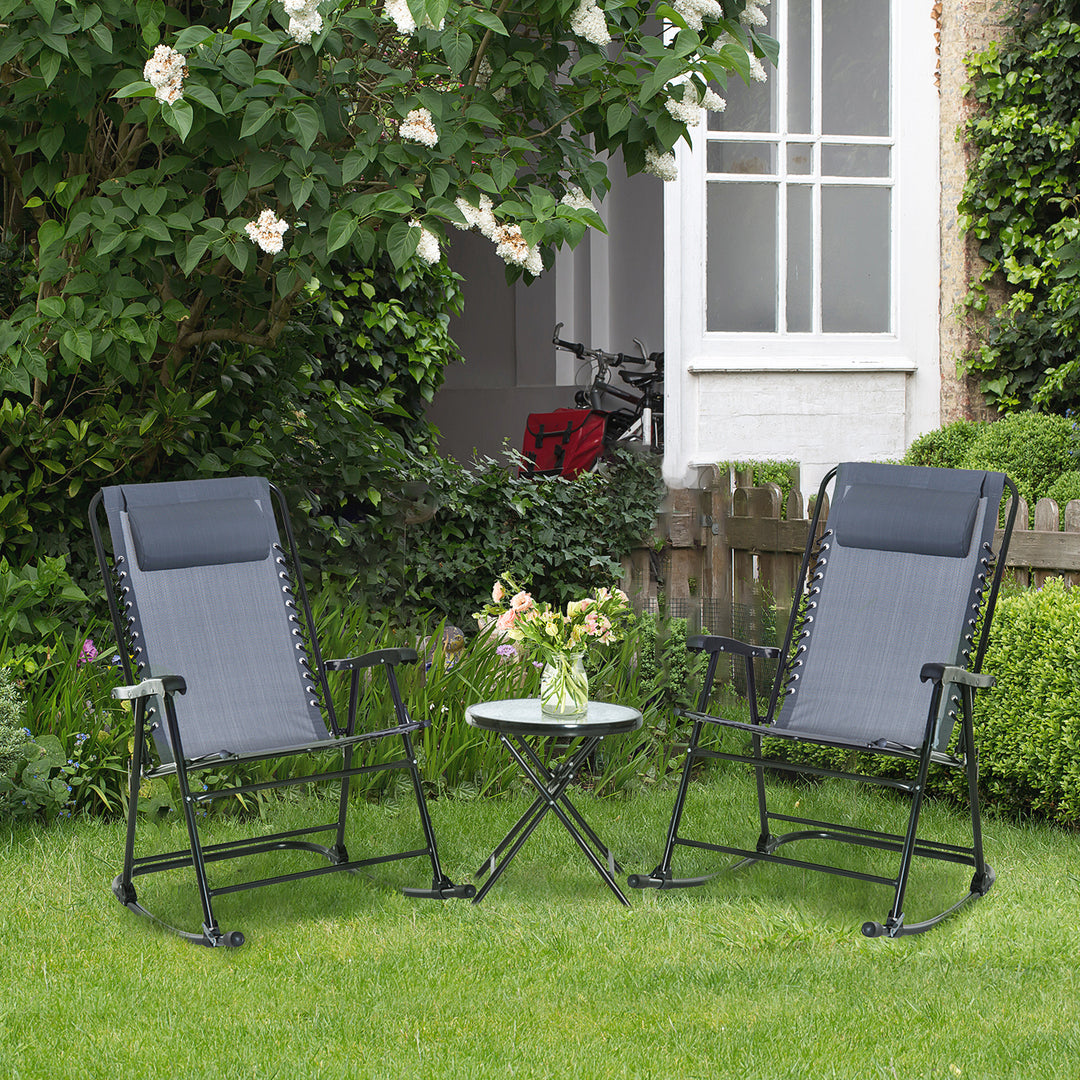 3 Piece Outdoor Rocking Set with 2 Folding Chairs and 1 Tempered Glass Table