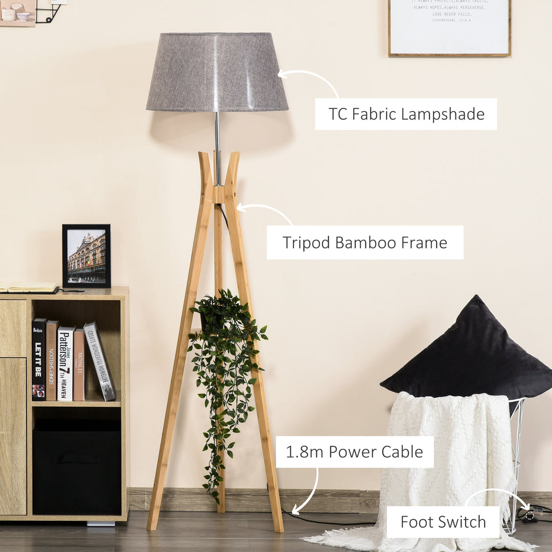 Natural Wood Tripod Floor Lamp Light E27 Base Bedroom Living Room Fabric Shade Storage Shelf Foot Switch