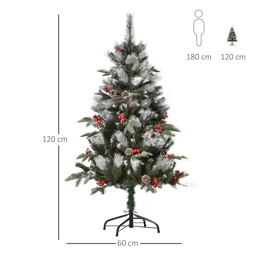 4FT Artificial Snow Dipped Christmas Tree Xmas Pencil Tree Home Party Decoration w/ Foldable Feet Berries & Pinecones