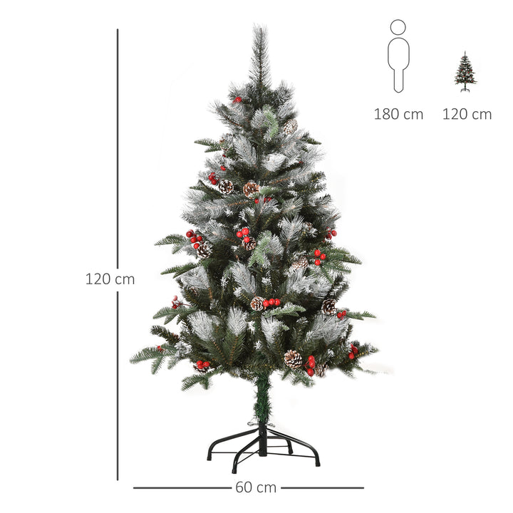 4FT Artificial Snow Dipped Christmas Tree Xmas Pencil Tree Home Party Decoration w/ Foldable Feet Berries & Pinecones