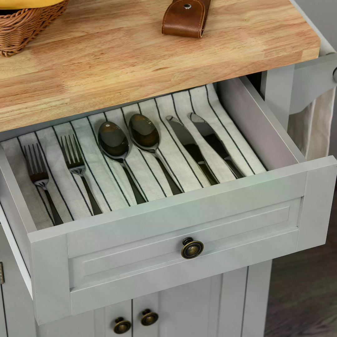 Rolling Kitchen Island Storage Trolley with Rubber Wood Top & Drawers for Dining Room