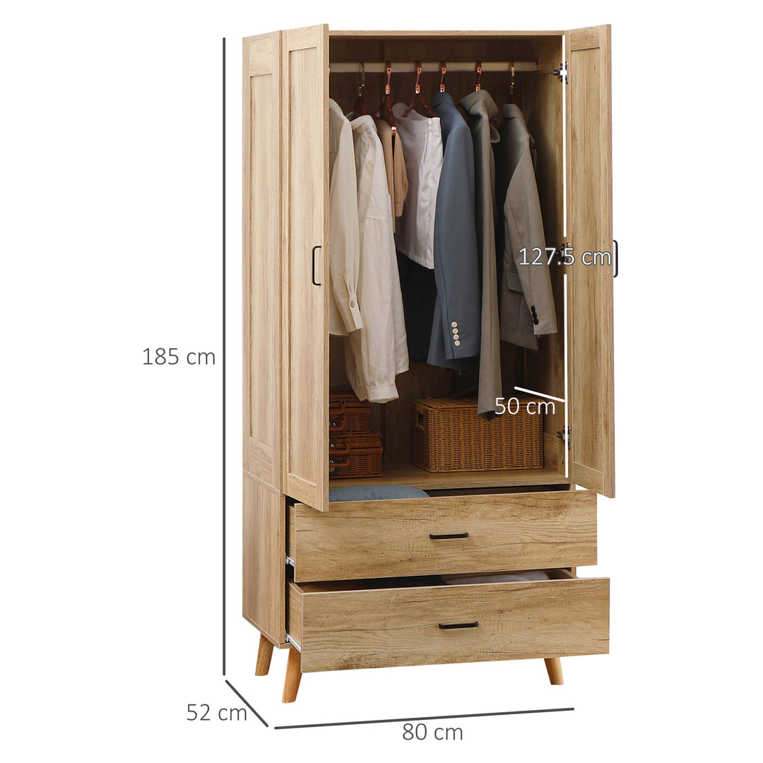 HOMCOM 2 Door Wardrobe with 2 Drawers, Natural