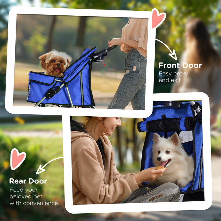 Dog Pushchair for Small Miniature Dogs Cats Foldable Travel Carriage with Wheels Zipper Entry Cup Holder Storage Basket Blue