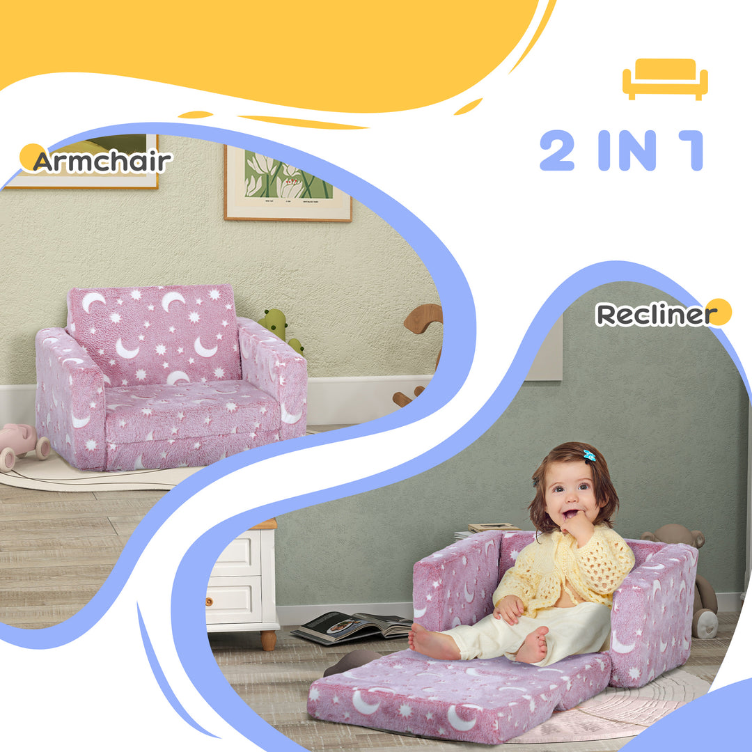 Childrens Sofa Beds 2 in 1 Kids Foldable Chair with Glow in The Dark Stars Moon Design