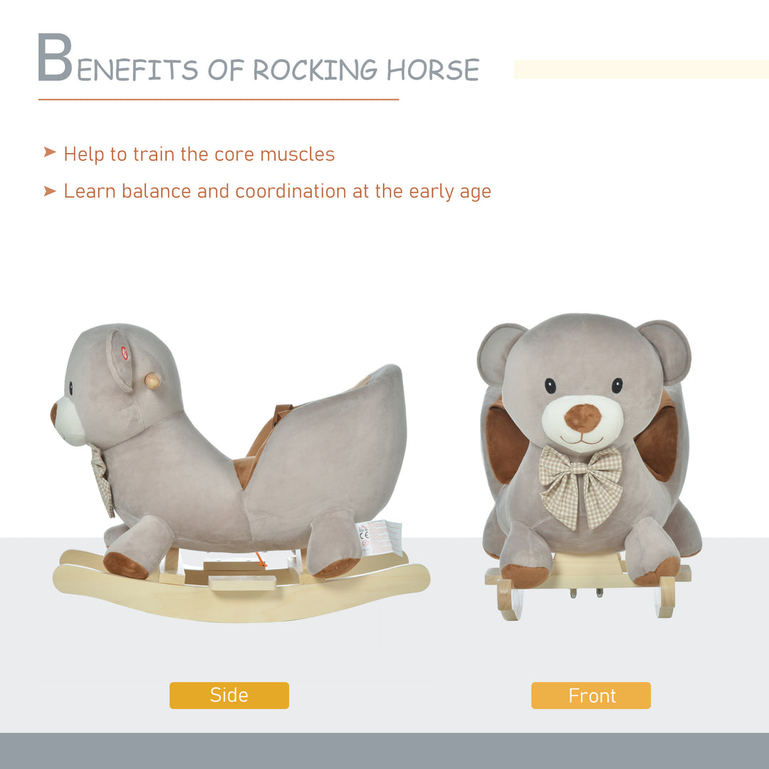 Kids Children Rocking Horse Plush Ride On Bear Seat w/ Sound Wood Base Seat Safety Belt Toddler Baby Toy Grey