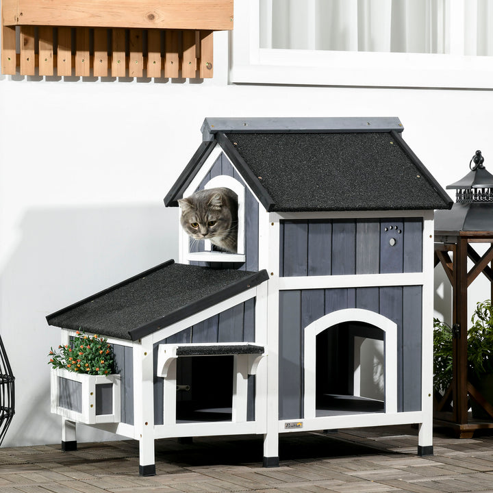 Wooden Cat House Outdoor with Flower Pot