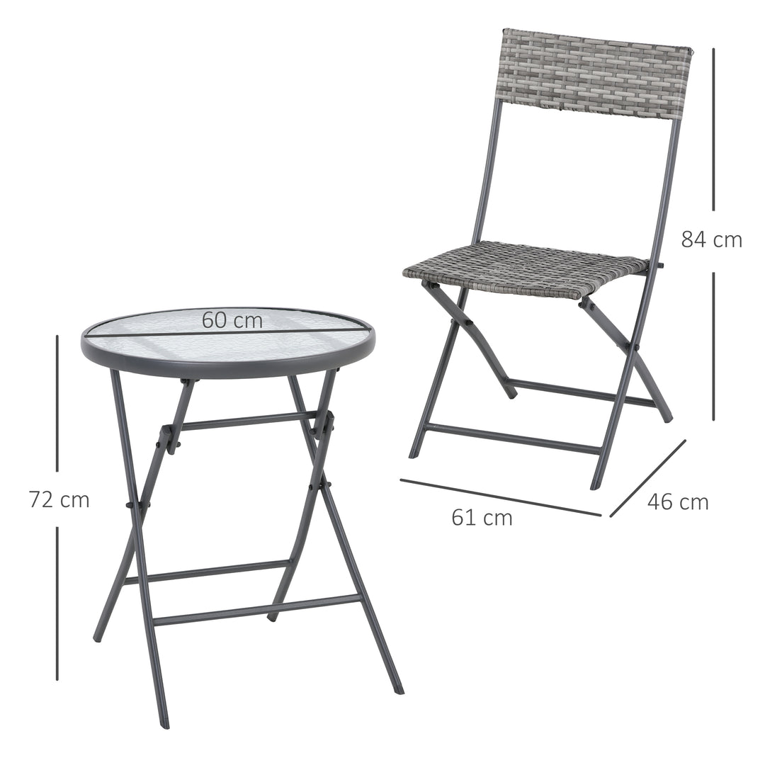 2 Seater Rattan Bistro Set Outdoor Foldable Wicker Conversation Balcony Furniture Set for Outdoor Yard Porch Balcony Grey