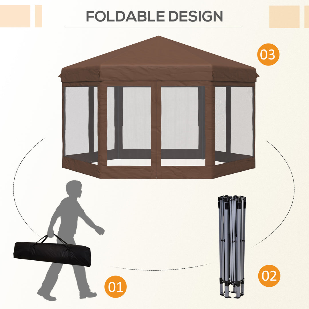 3x3.5m Hexagonal Pop Up Gazebo Party Canopy Height Adjustable Tent Sun Shelter w/ Mosquito Netting Zipped Door