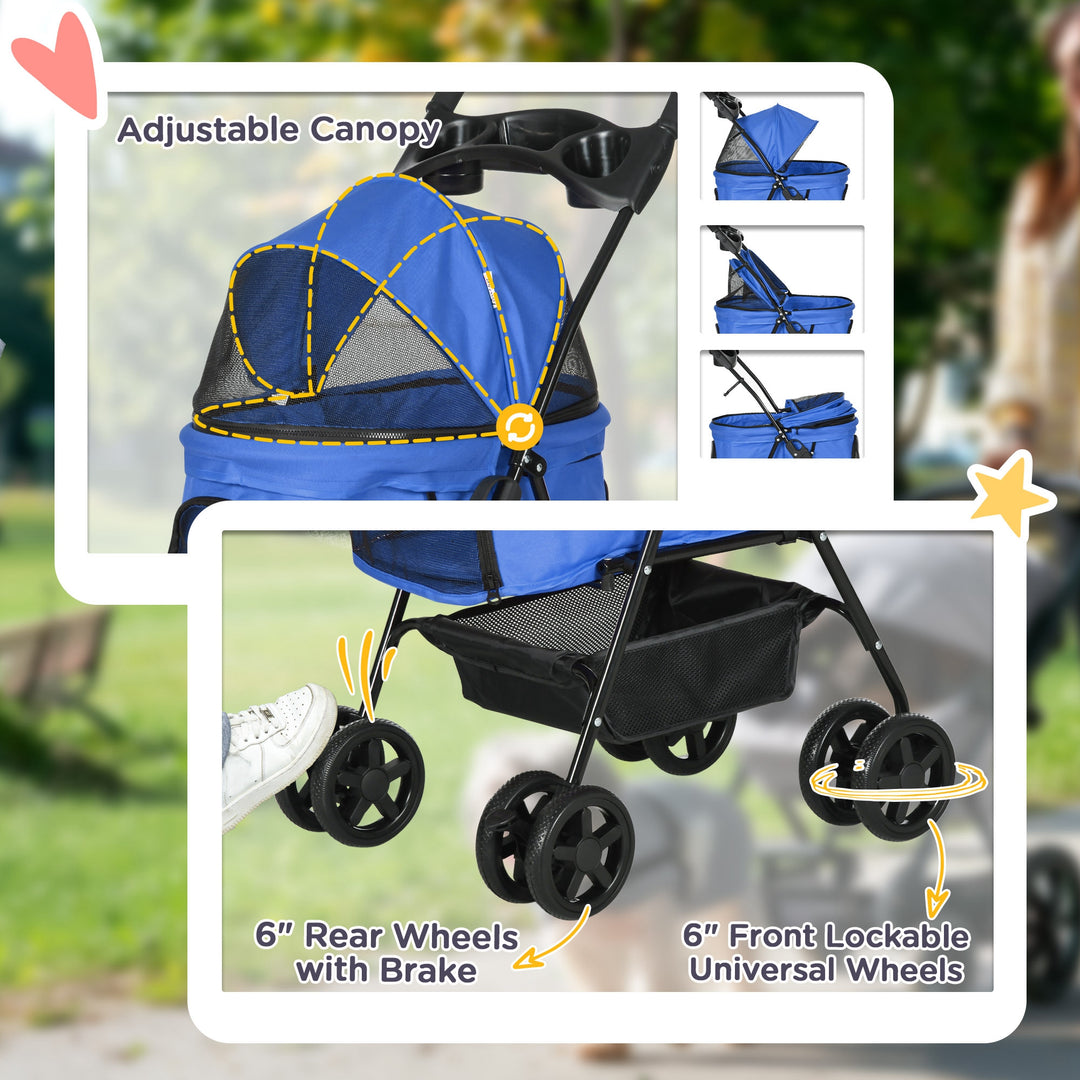 Pet Stroller Dog Cat Travel Pushchair One-Click Fold Trolley Jogger with EVA Wheels Brake Basket Adjustable Canopy Safety Leash Blue