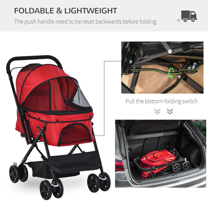 Pet Stroller Dog Travel Pushchair Foldable Jogger with Reversible Handle EVA Wheel Brake Basket Adjustable Canopy Safety Leash Red