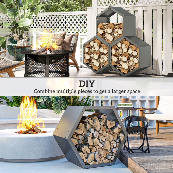 Three-Shelf Hexagon Metal Firewood Rack - Grey