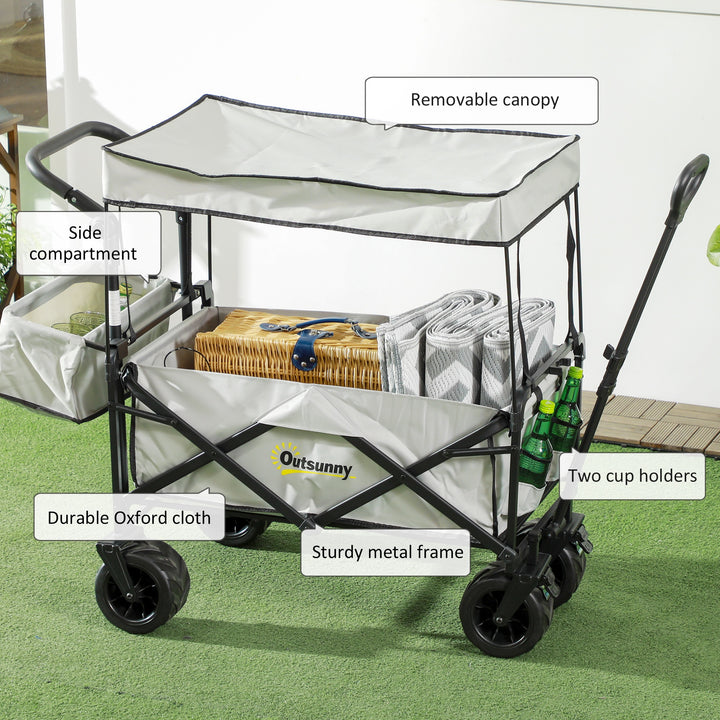 Folding Trolley Cart Storage Wagon Beach Trailer 4 Wheels with Handle Overhead Canopy Cart Push Pull for Camping