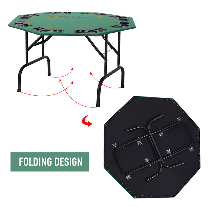 8 Player Folding Games Poker Table w/ Chip Cup Holder Steel Base Felt Top Octagon Blackjack Adult Family Friends Green