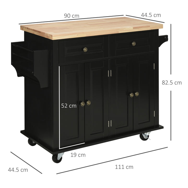 Rolling Kitchen Island Storage Trolley with Rubber Wood Top & Drawers for Dining Room