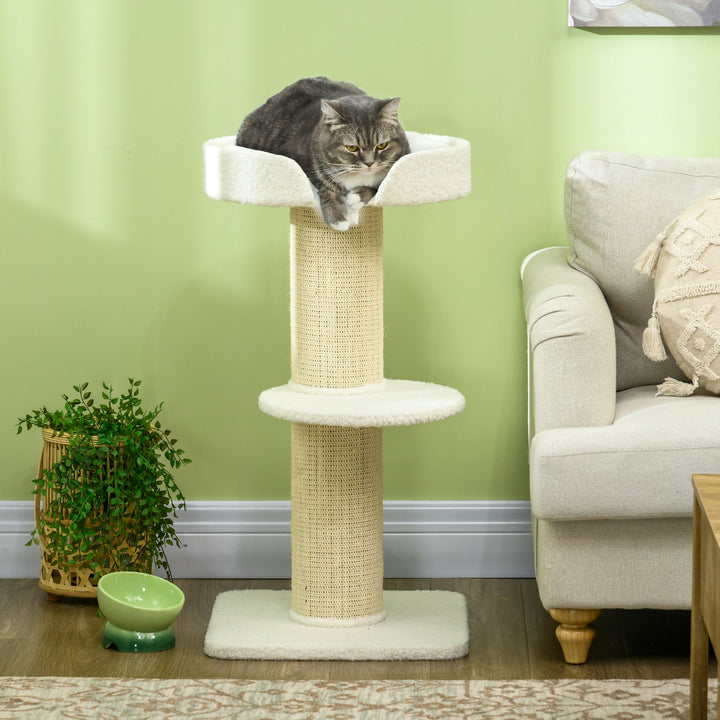 2 Tier Sisal Sherpa Cat Tree with Basket Cushion Sisal Post Cream White